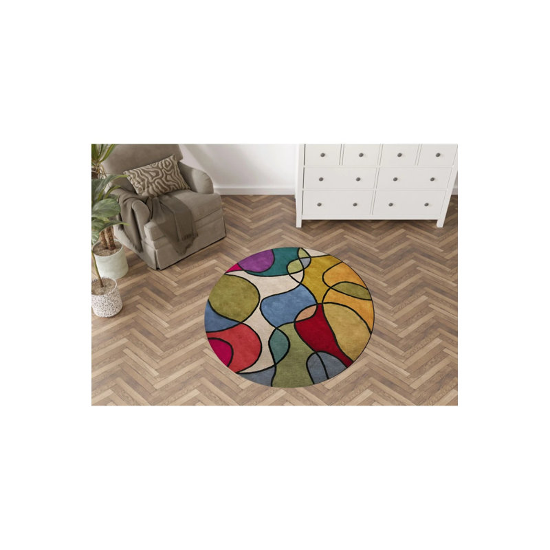 Light Tone Multicolored Mixed Shape Section Patterned Modern Woven Base Round Decorative Carpet, Round 5'