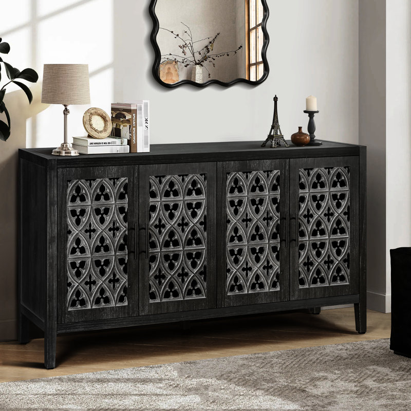 Armoire de table en bois avec rangement à 4 portes et motif floral symétrique, Noir antique