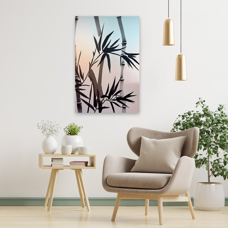 Silhouette de bambou minimaliste avec lueur douce II - art abstrait de bambou aquarelle paysage, H 36 po x l 24 po