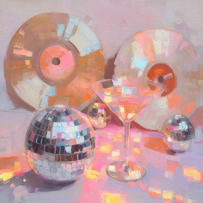 Retro Cocktail Still Life in Blush Pink and Silver Wrapped Canvas Wall Art