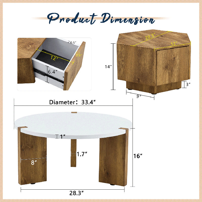 Modern 2 Piece Round Nesting Coffee Table Set With Drawer