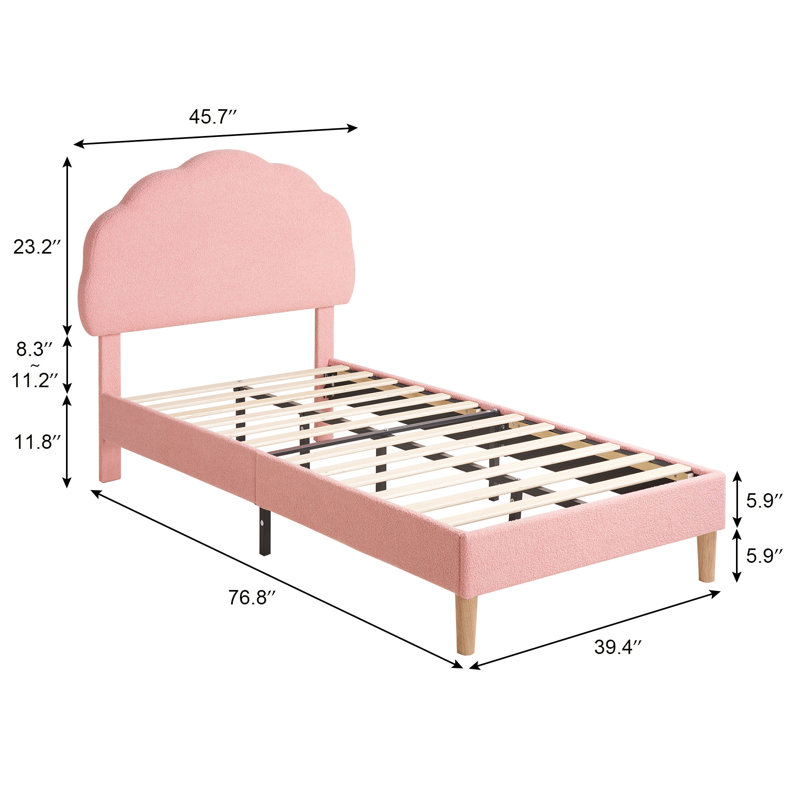 Twin Size Bed Frames With Cimahi Adjustable Teddy Fleece Headboard, Upholstered Platform Bed W/Slats Support, Pink