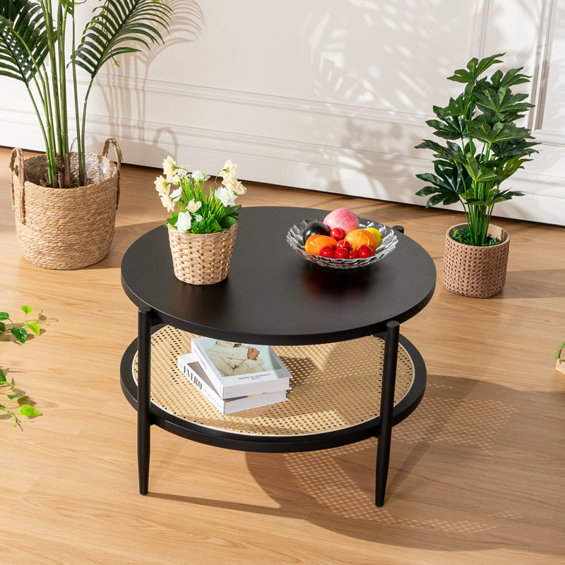 Table basse ronde en bois avec rangement en rotin Storden
