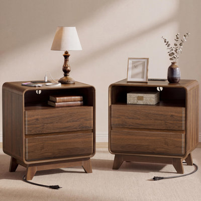 Walnut Nightstand Set of 2 with Drawers, Wood Bedside Table Set of 2, Wood Walnut Night Stand Set of 2, 26'' H X 23.6'' W X 15.7'' D