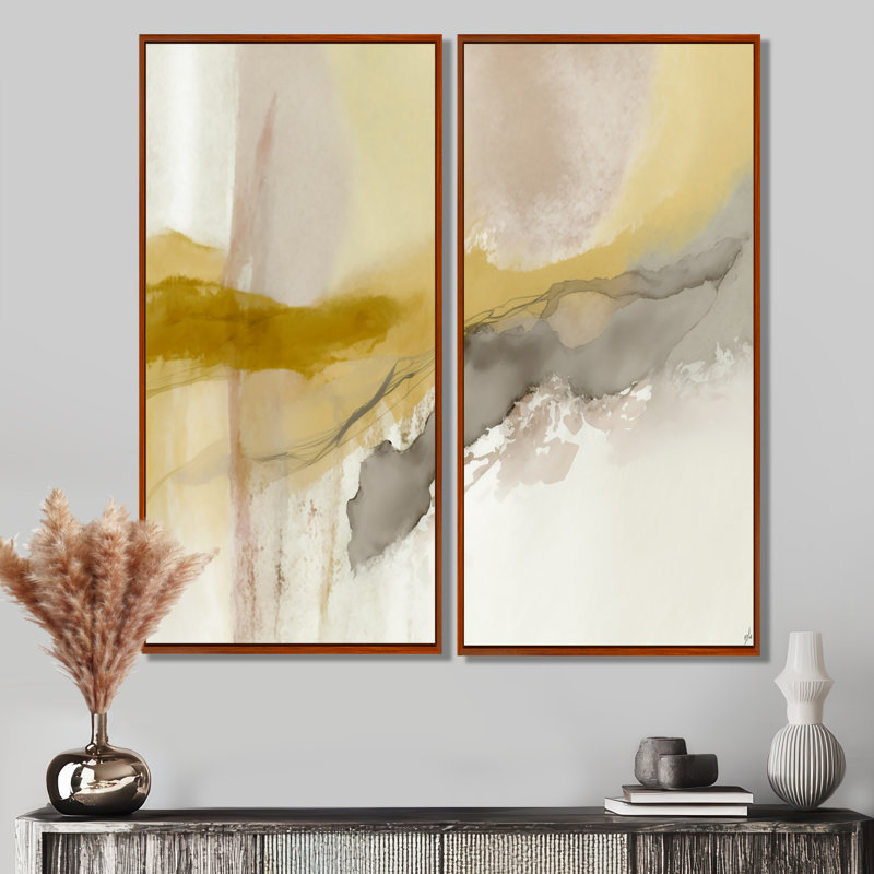 Moutarde jaune Secrets V - art abstrait à l'encre liquide, H 40 po x l 40 po, Impression encadrée flottante, Brun