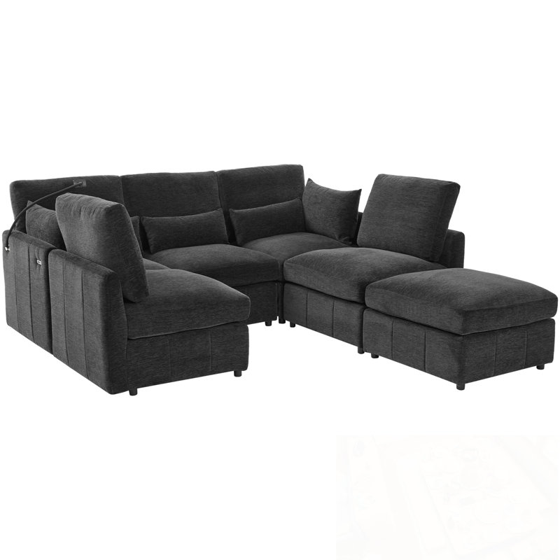 Canapé modulaire en U avec repose-pieds mobile, deux ports USB et un support pour téléphone, Chenille noir