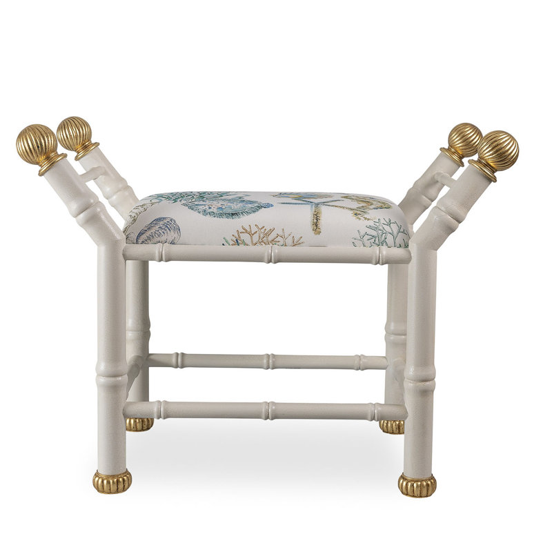 Boca Upholstered Entryway Bench, White/Gold/Blue