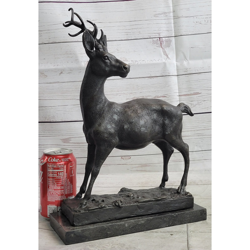 Bronze Deer Figurine on Marble Base with Antlers