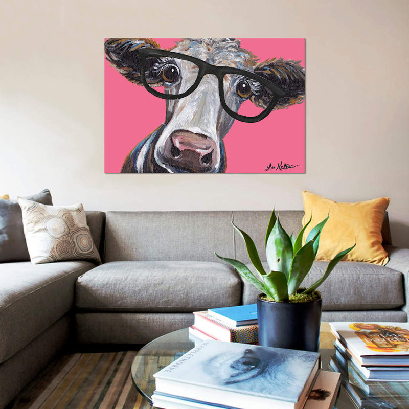 Cora The Cow With Glasses On Pink by Hippie Hound Studios - Wrapped Canvas Gallery-Wrapped Canvas Giclée, Wrapped Canvas