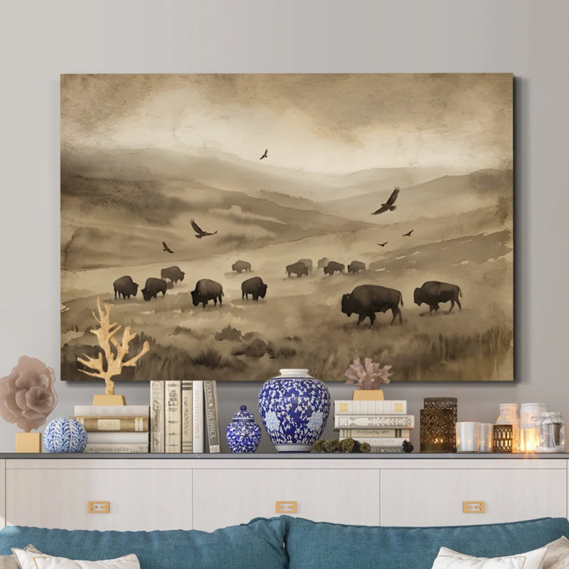 «Misty Prairie», sépia aquarelle, bison et vol d'oiseaux