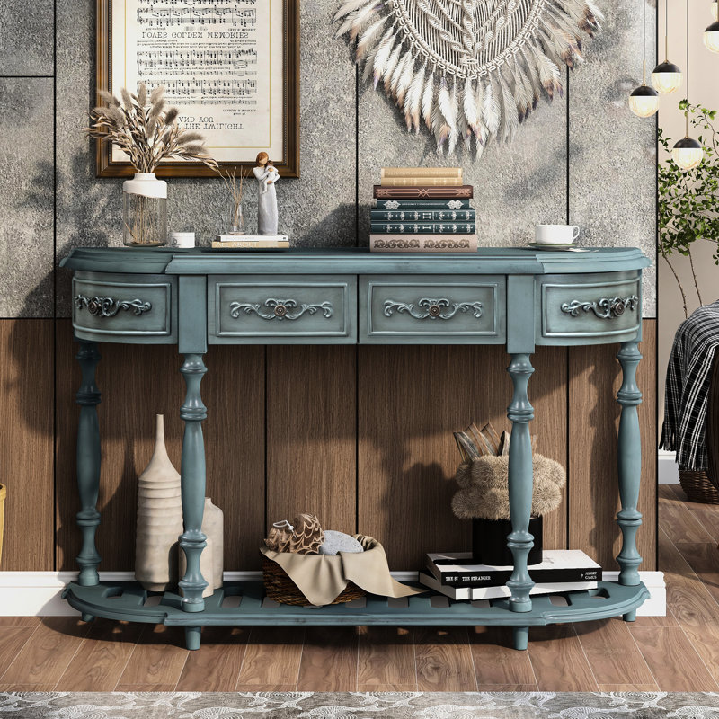 Console moderne avec tablette et tiroirs, 1 tiroir 4 tiroirs, bleu antique, bois massif pour le salon, finition bleue, fabrication