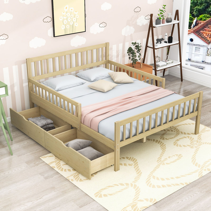Lit plateforme en bois 2 tiroirs avec tête et pied de lit, Lit double