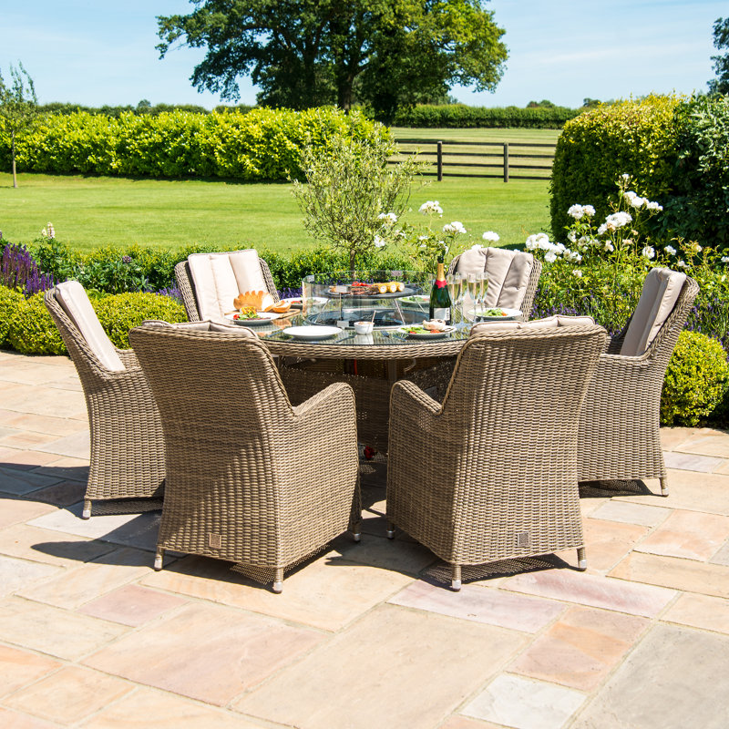 Balch 6 Seat Round Rattan Fire Pit Dining Set - with Lazy Susan