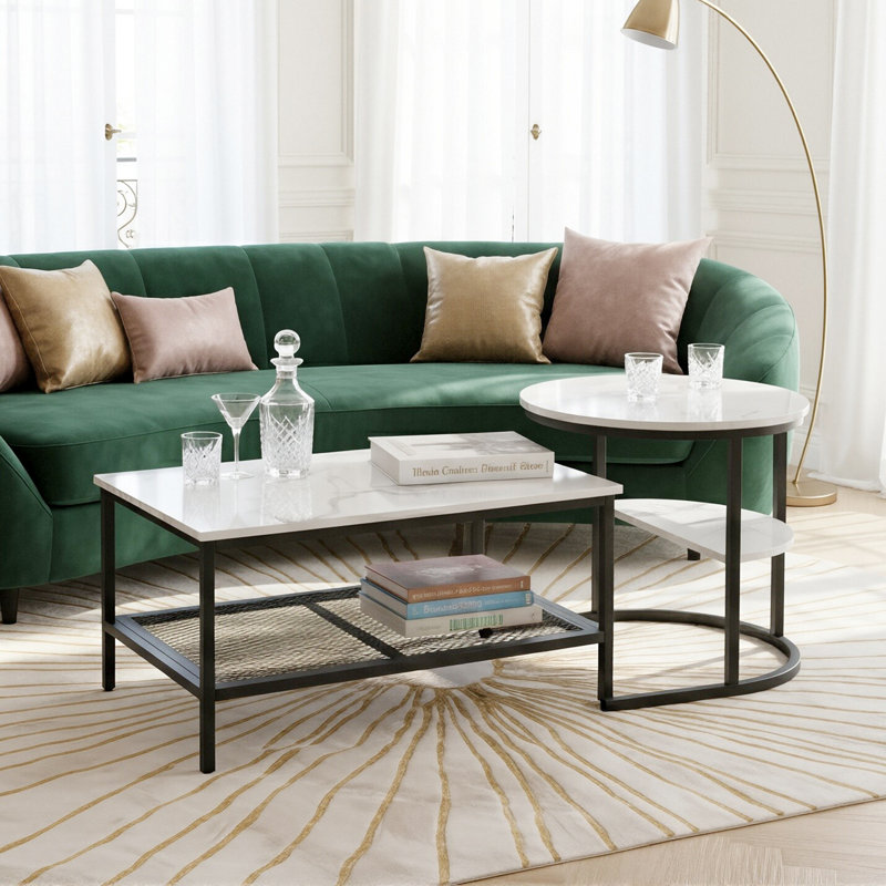 80Cm Modular Coffee Table Set (Set Of 2), Interlocking Round Side Table & Rectangular Table With Shelf, Gold & Black, Black