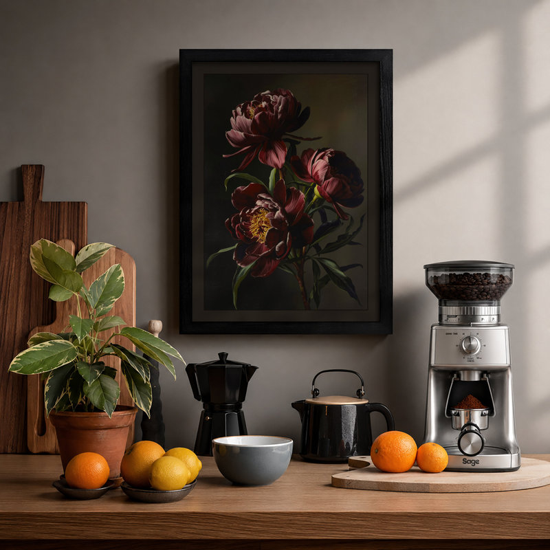 Dark Peonies Botanical - Framed Print, A2 - 59.4 x 42.0 cm, Black