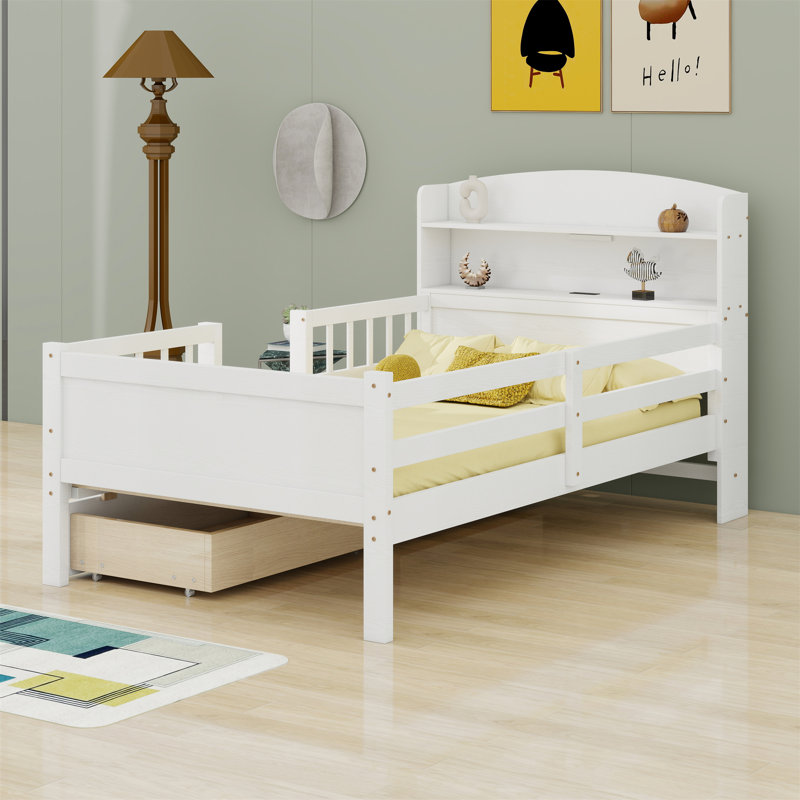 Wood Platform Bed With Built-In LED Light, Multi-Functional Headboard, Guardrail And 2 Drawers, White