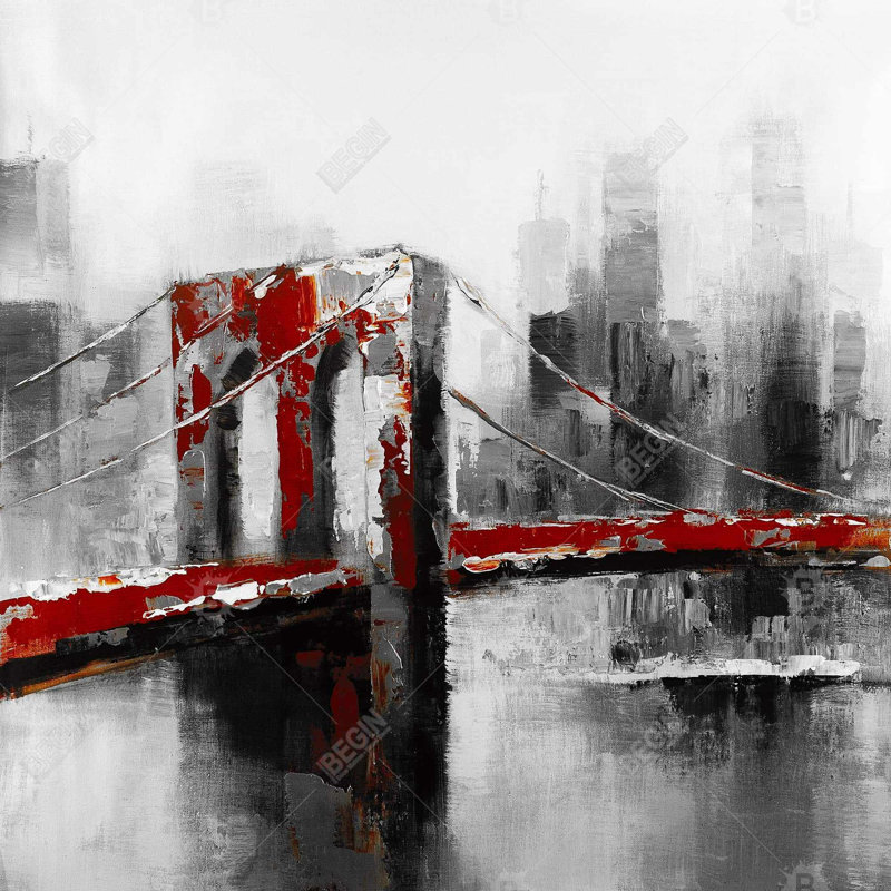Abstract and Red Brooklyn Bridge - Framed Canvas Decor