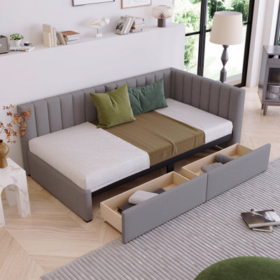 Upholstered Daybed With 2 Storage Drawers Twin Size Sofa Bed Frame No Box Spring Needed, Linen Fabric
