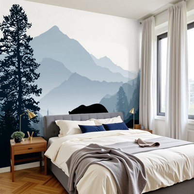 Peel and Stick Wallpaper 96" W x 69" H Modern Self Adhesive Wall Mural for Bedroom Black Bear Silhouette Against Majestic Mountains Serene Landscape