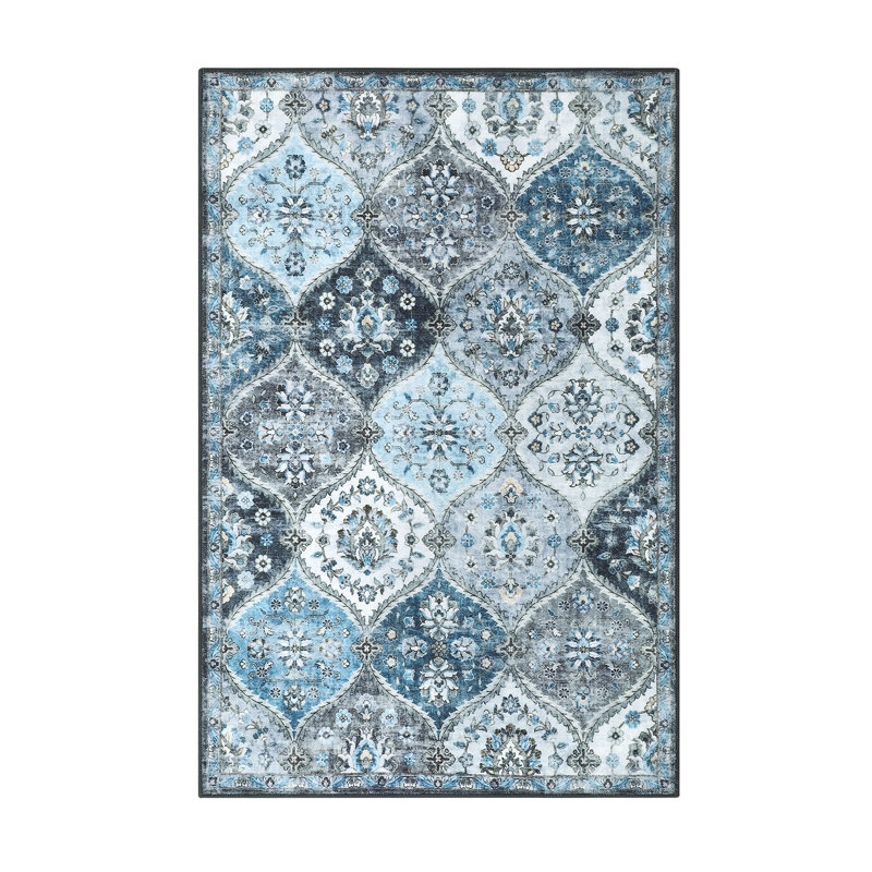 Washable Rug Vintage Distressed Rugs Non-Slip Stain Resistant Area Rug Indoor Floor Cover for Bedroom Living Room, Blue