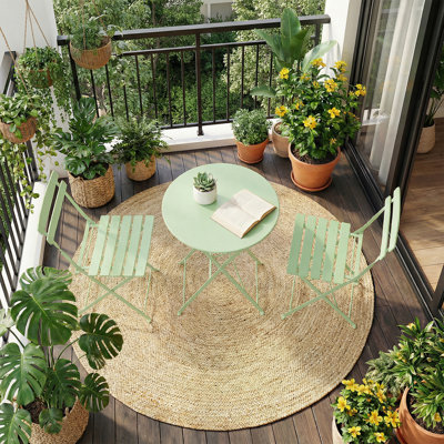 3 Piece Foldable Patio Bistro Set, Outdoor/Indoor Metal Table and Chairs Furniture, Compact Round Table with 2 Folding Chairs for Balcony, Porch, Deck, Garden, Apartment, Small Space, Sage