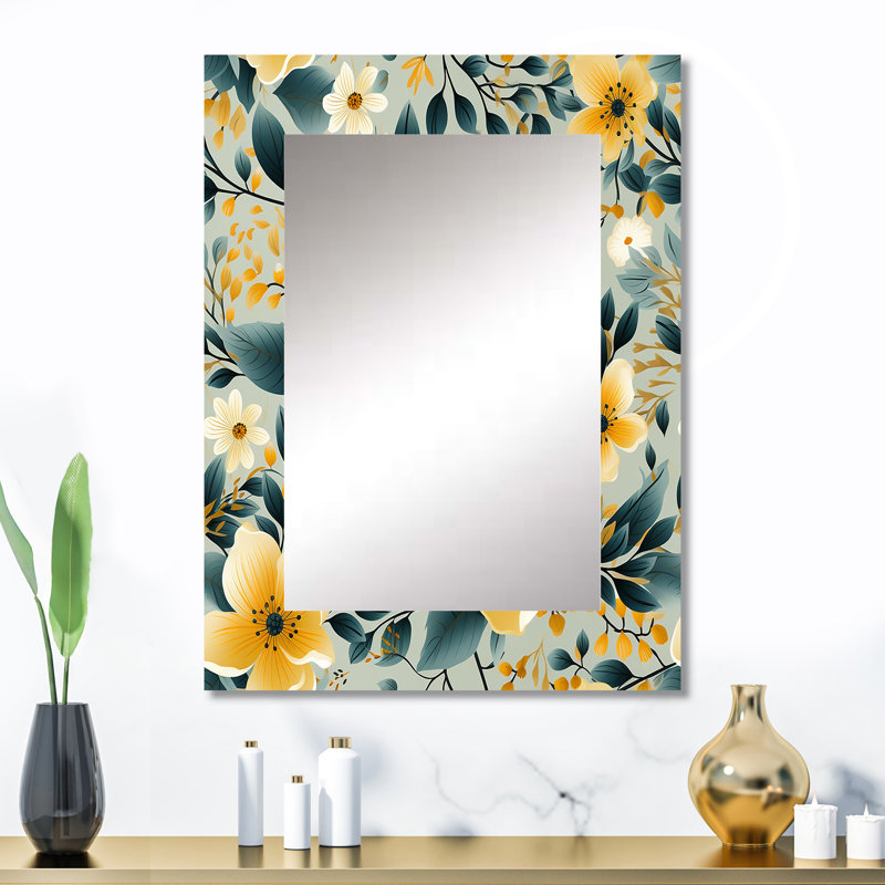 Motif floral Aulon jaune et bleu sarcelle à motif vichy - grand miroir floral, miroir mural décoratif floral, impression d'art en métal