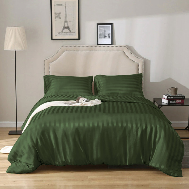 Imperial Homeware London Microfiber Striped Duvet Cover Set with Pillowcases Included, Olive Green
