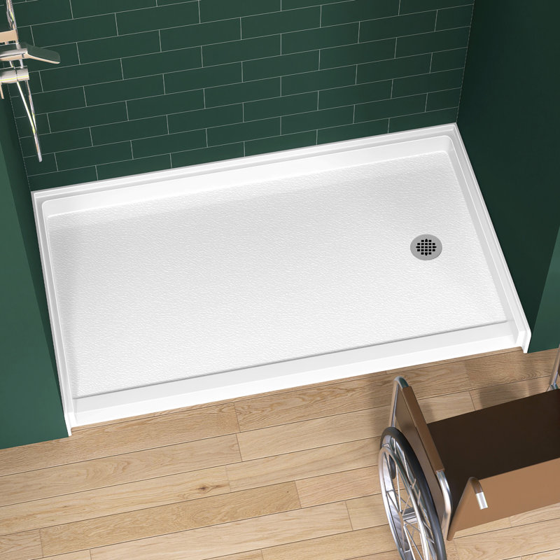 60 In L X 36 In W ADA Low Threshold Right Drain Shower Base With Slope Type Threshold, Matching Glossy Surface Open Design, Wheel Chair Access, Low Profile, White