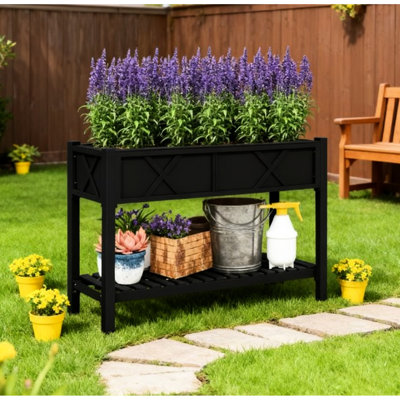 Boîte à fleurs surélevée en bois, lit de jardin surélevé, avec tablette de rangement, trous de drainage et doublure