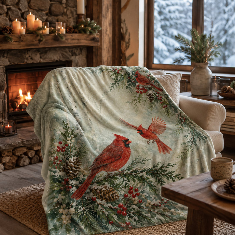 Jeté en forme de bouleau enneigé Cardinal, trois oiseaux rouges avec pommes de pin, aiguilles à feuilles persistantes et baies d'hiver, couche de flanelle pour canapé, lit et cabane, 30 x 40 po