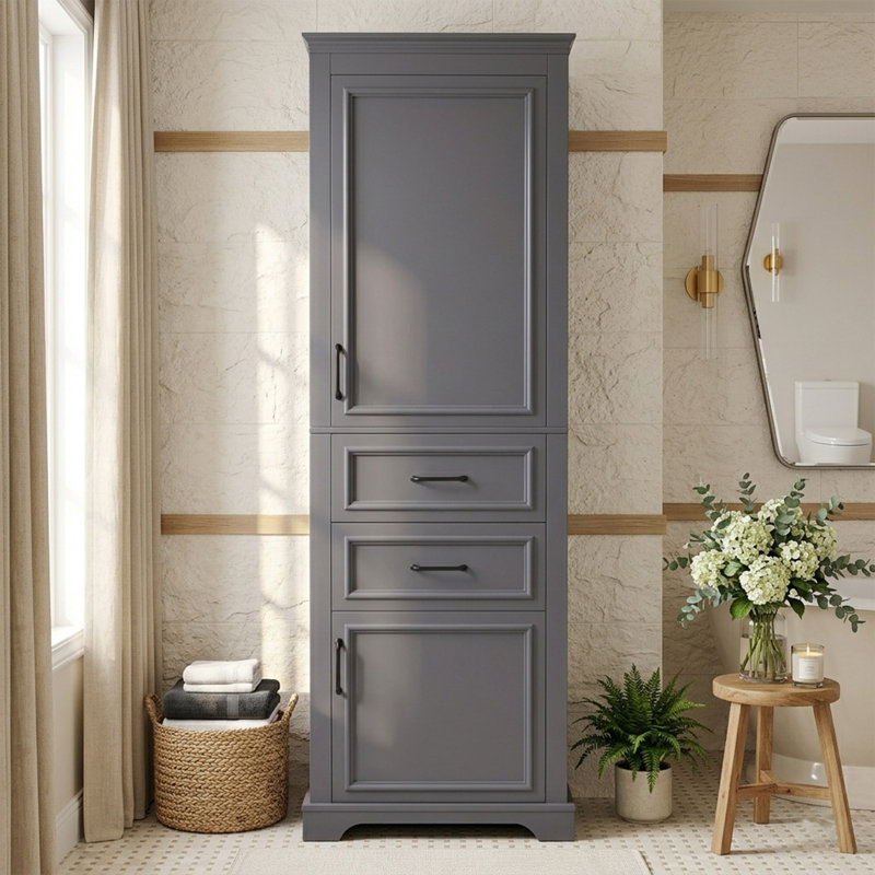 Freestanding Bathroom Storage Linen Cabinet, Charcoal Gray