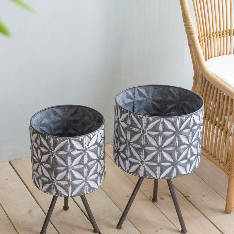 Ensemble de 2 pots à fleurs en métal, pot de ferme rond gris galvanisé
