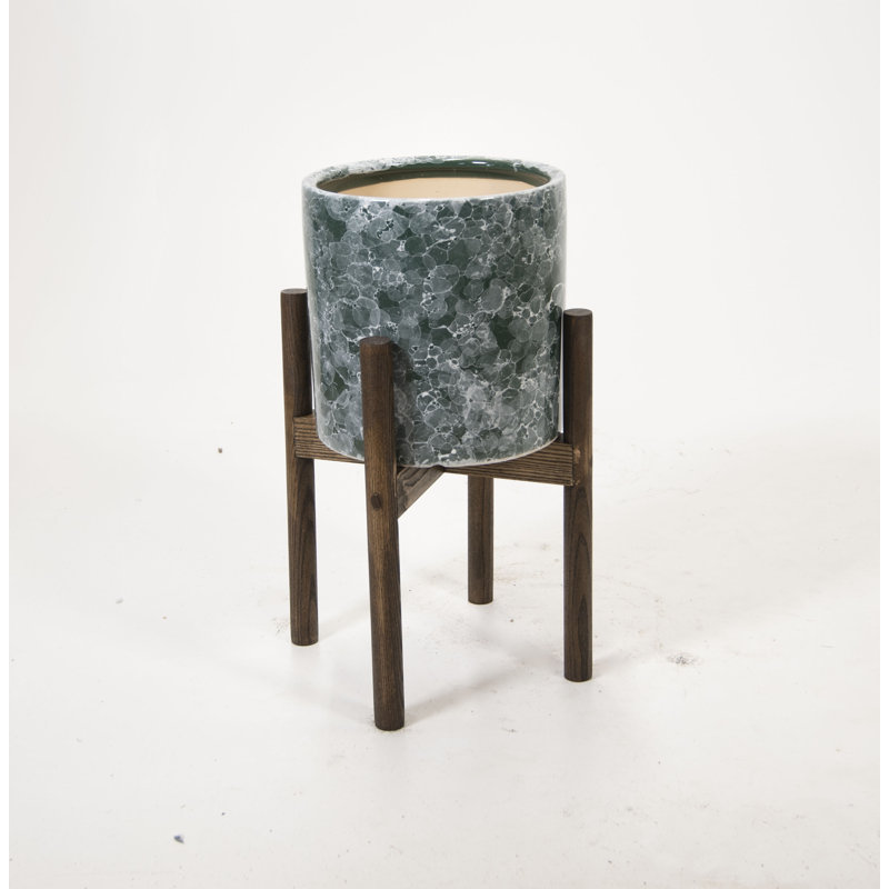 Pot à fleurs en céramique Levan, Marbre vert / noyer foncé