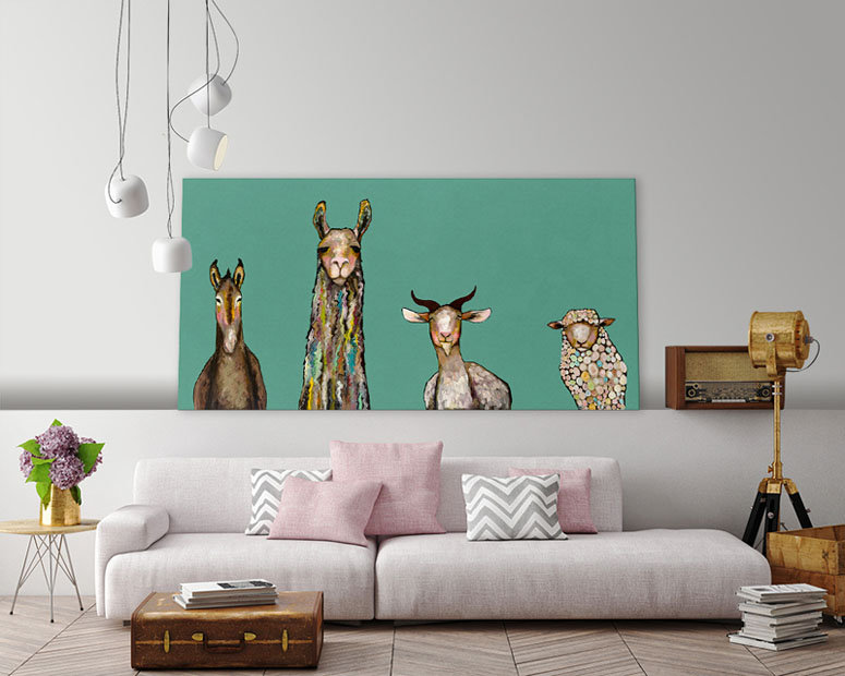«Donkey Llama Goat Sheep» par Eli Halpin - reproduction, H 24 po x l 48 po, Toile