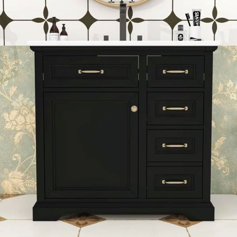 Meuble-lavabo simple autoportant moderne avec lavabo en céramique, porte à fermeture douce et tablette réglable, Black, Gold