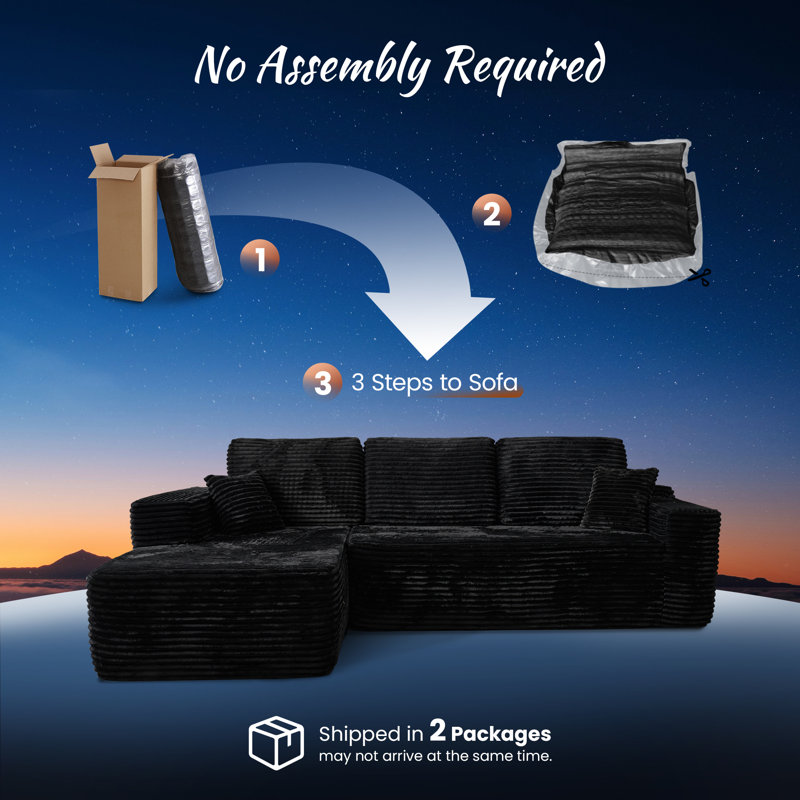 2 - Piece Upholstery Compression Sectional, Convertible Cloud-Like Sofa with No Assembly, Black , Left Hand Facing