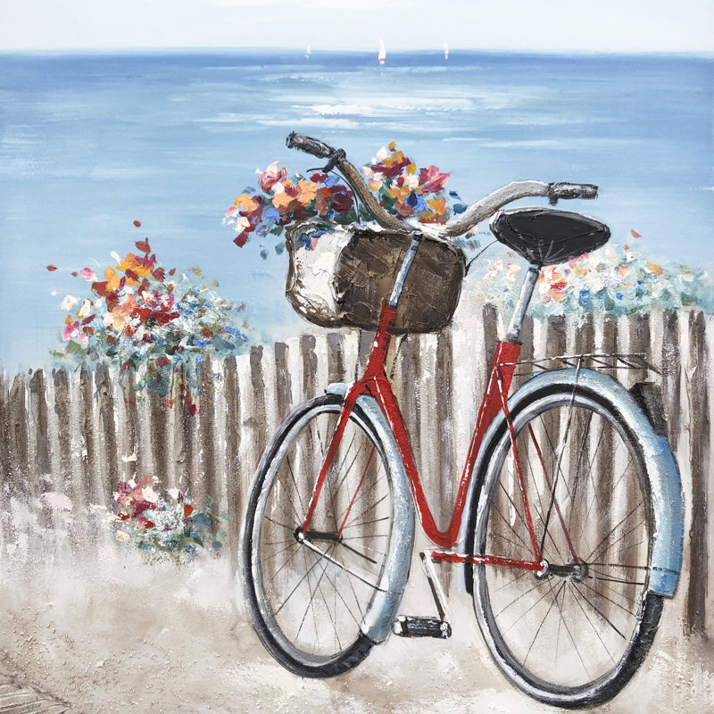 Vélo avec fleurs - peinture sur toile tendue, H 20 po x l 20 po x P 1,5 po