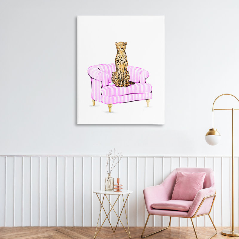 Guépard sur toile de chaise rayée rose, design par Ziwei Li, H 40 po x l 30 po