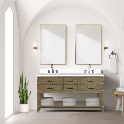 60 In. W X 22 D Grey Oak Double Bath Vanity, Cultured Marble Restroom Sink Top, Faucet, 28 Mirrors 60" 22" Vanity With Countertop, 28"