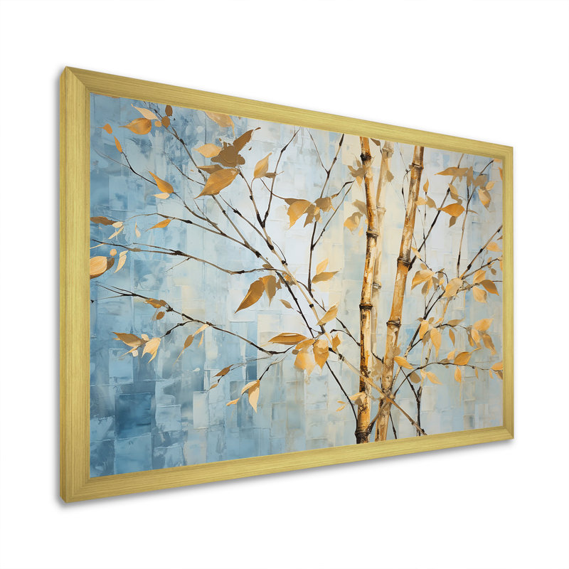 Or et bambou bleu sur toile, H 24 po x l 32 po x P 1 po, Encadrement doré