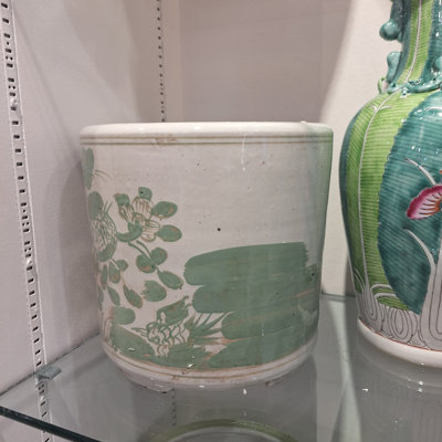 Antiqued Green Floral Bird Porcelain Round Planter