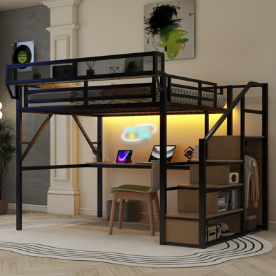 Grand lit mezzanine en métal avec bureau, station de charge, lumières, escaliers, tablettes de rangement, 400 lb, noir, chambre de travail et garde-robe, métal, finition noire