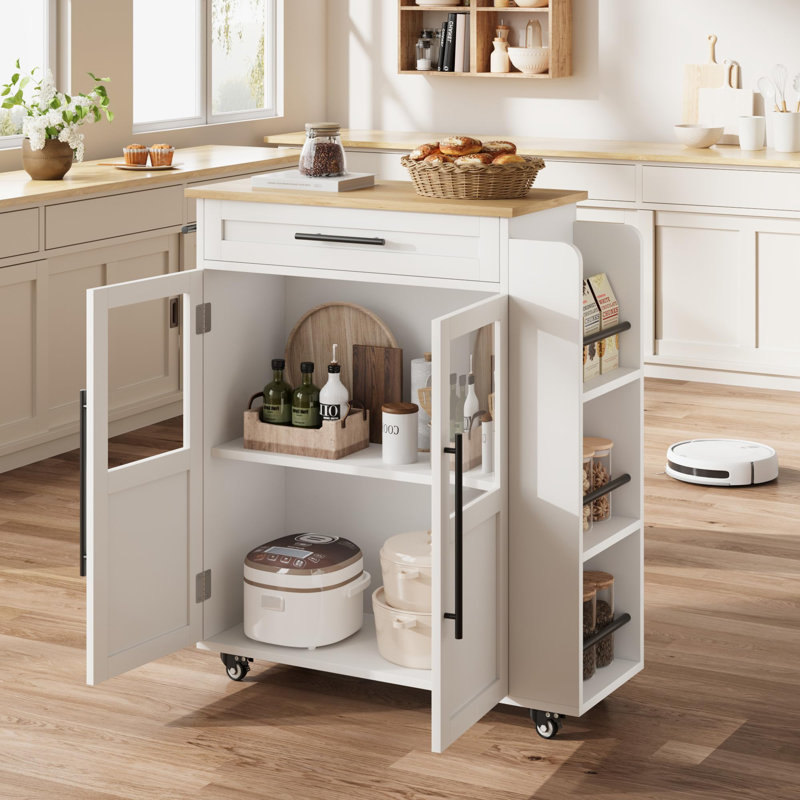24 in Kitchen Island Cart - Sturdy Wood Top with Drawer, 3-Tier Shelves & Locking Wheels, Farmhouse Mobile Storage for Kitchen