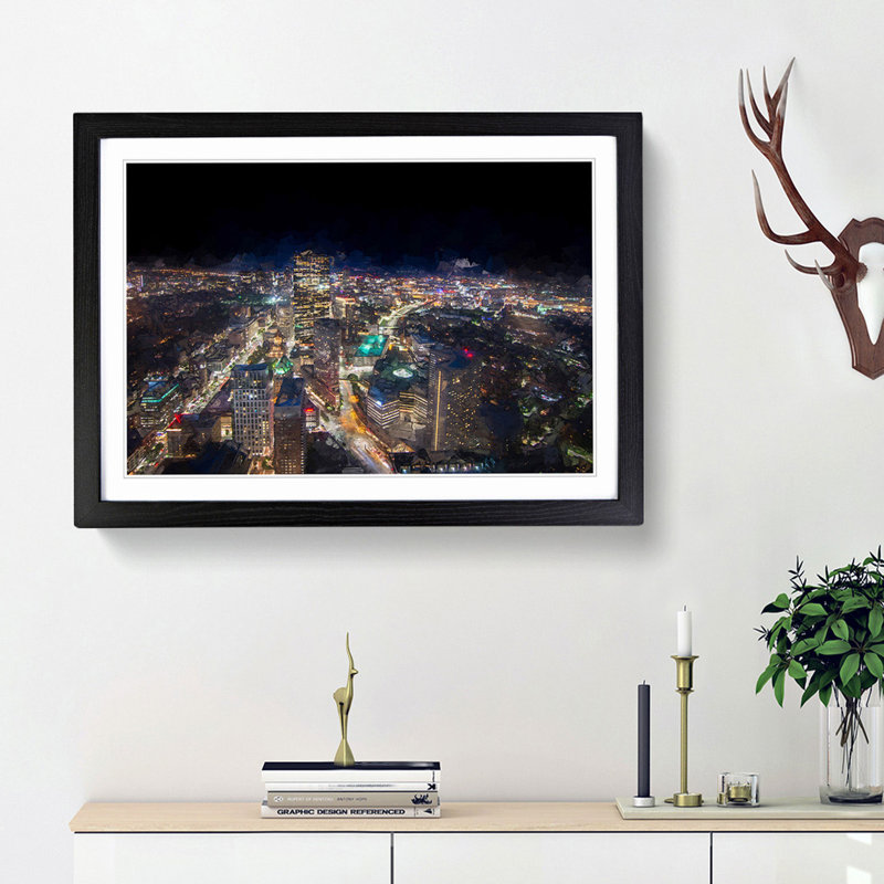 Night in Boston Massachusetts in Abstract - Picture Frame Graphic Art Print, 48cm H x 65cm W x 2cm D, Black Framed
