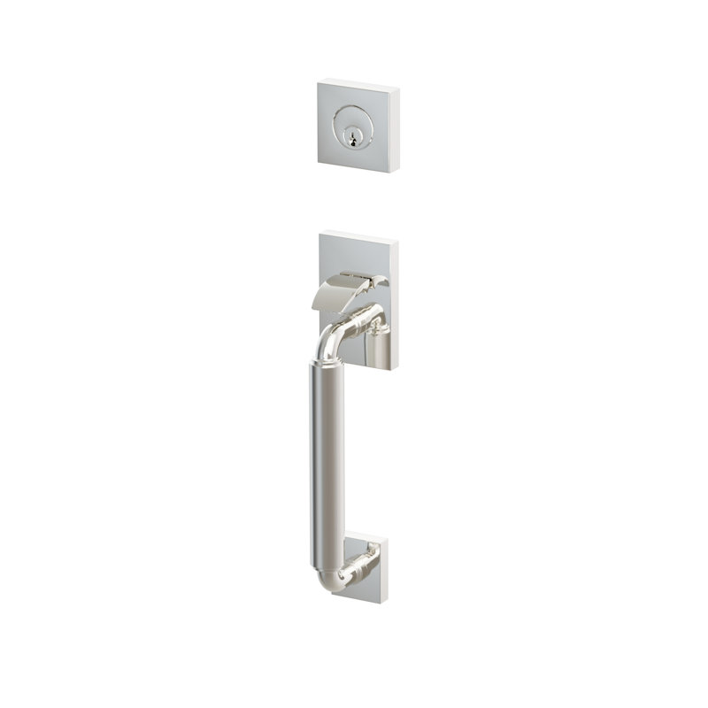 Ensemble d'entrée sectionnelle EMPowered 2 Touch Emtek SELECT, cylindre simple tubulaire, tige extérieure en forme de R, poignée lisse, levier intérieur Hermes, côté gauche, nickel poli