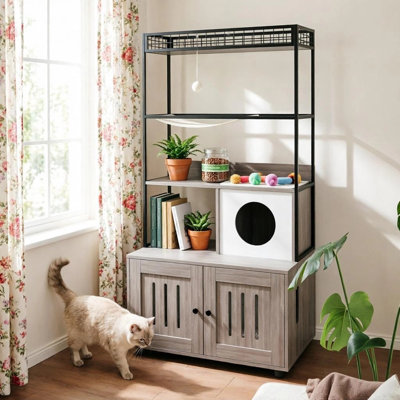 Enceinte de litière pour chat avec rangement, litière cachée en bois avec grattoir, gris
