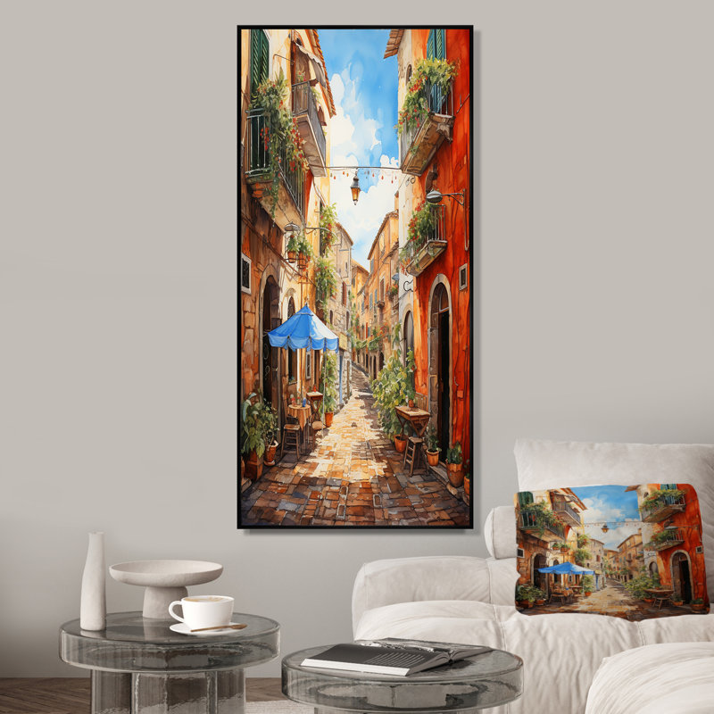 «Italian Village Essence 1», art mural Italie, Cadre flottant noir, H 60 po x l 28 po x P 1,5 po