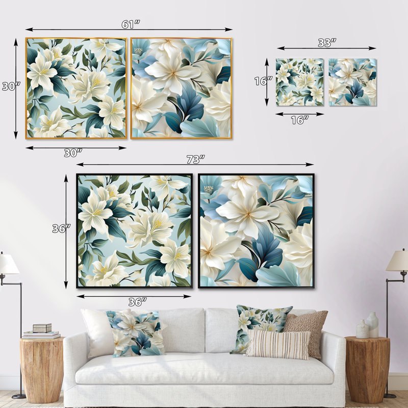 Copen - Ensemble de 2 collages floraux carrés, H 16 po x l 33 po, Cadre flottant doré