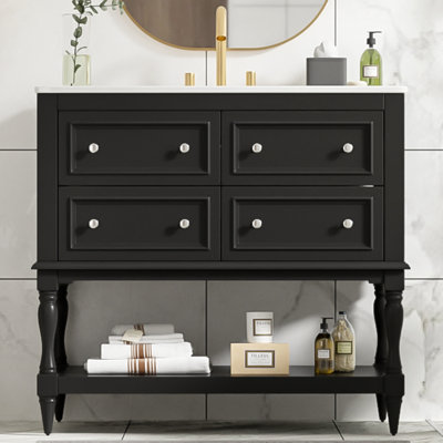 Ensemble de meuble-lavabo 36 po avec ensemble de meuble-lavabo, lavabo en céramique encastré, ensemble de meuble-lavabo autoportant avec 4 tiroirs, armoire de salle de bain avec cadre en bois massif