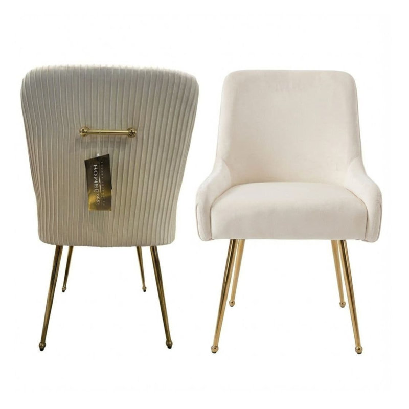 Tufted Velvet Upholstered Upholstered Back Side Chair, Beige, Gold